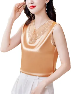 Spring Summer Satin Camisole Shirt Sleeveless Tank Top Women's V Neck Sexy Patchwork Lace Tank Top