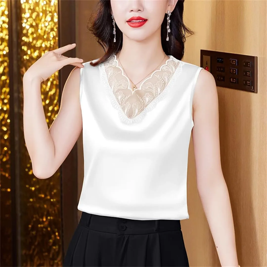 Spring Summer Satin Camisole Shirt Sleeveless Tank Top Women's V Neck Sexy Patchwork Lace Tank Top