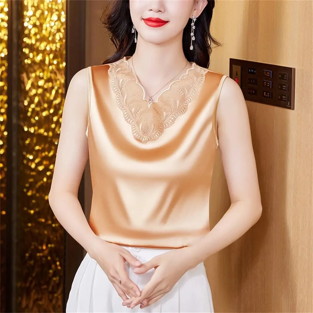 Spring Summer Satin Camisole Shirt Sleeveless Tank Top Women's V Neck Sexy Patchwork Lace Tank Top