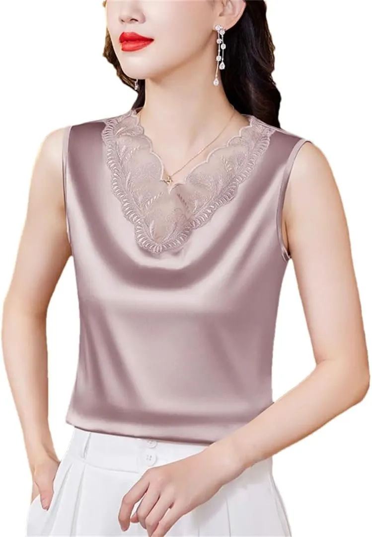 Spring Summer Satin Camisole Shirt Sleeveless Tank Top Women's V Neck Sexy Patchwork Lace Tank Top