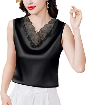 Spring Summer Satin Camisole Shirt Sleeveless Tank Top Women's V Neck Sexy Patchwork Lace Tank Top