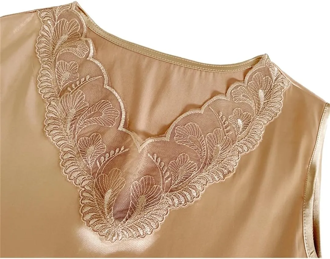 Spring Summer Satin Camisole Shirt Sleeveless Tank Top Women's V Neck Sexy Patchwork Lace Tank Top
