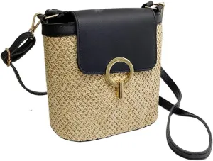 Stylish Woven Bucket Tote Bag for Women | Crossbody Straw Rattan Handbag | Perfect for Holidays & Casual Outings(Black)