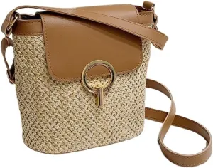 Stylish Woven Bucket Tote Bag for Women | Crossbody Straw Rattan Handbag | Perfect for Holidays & Casual Outings(Brown)