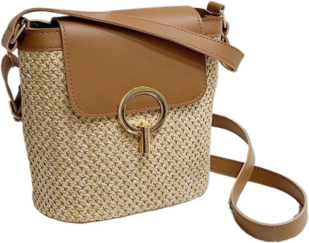 Stylish Woven Bucket Tote Bag for Women | Crossbody Straw Rattan Handbag | Perfect for Holidays & Casual Outings(Brown)
