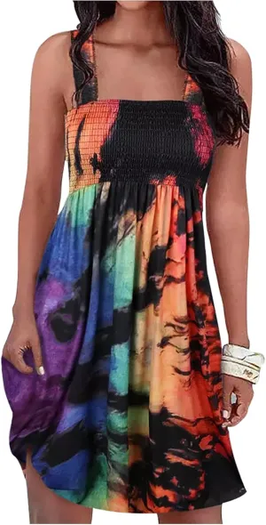 Summer Dress for Women Beach Floral Cover Ups Spaghetti Strap Sundress Smocked Strapless A-Line Mini Dresses