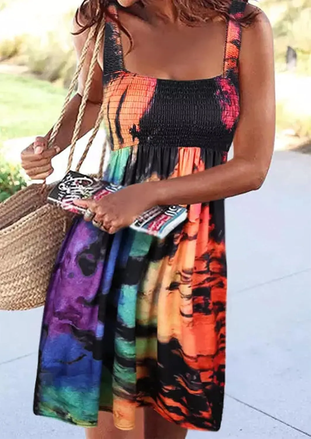 Summer Dress for Women Beach Floral Cover Ups Spaghetti Strap Sundress Smocked Strapless A-Line Mini Dresses