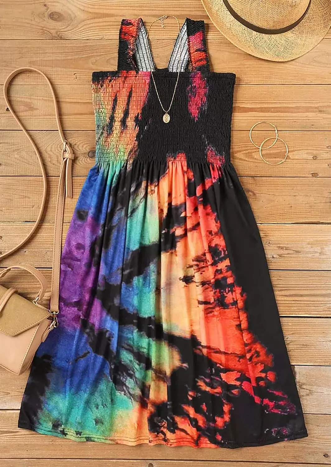 Summer Dress for Women Beach Floral Cover Ups Spaghetti Strap Sundress Smocked Strapless A-Line Mini Dresses