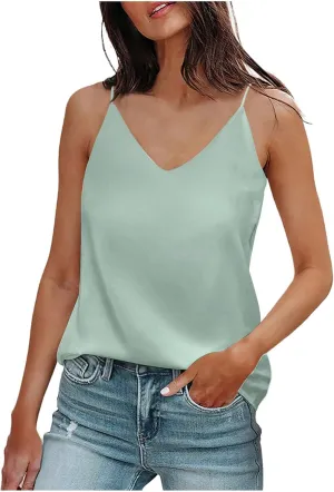 Summer V Neck Tank Tops For Women Silk Satin Summer Sleeveless Camisole Straps Top Baggy Top