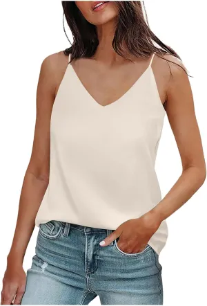 Summer V Neck Tank Tops For Women Silk Satin Summer Sleeveless Camisole Straps Top Baggy Top