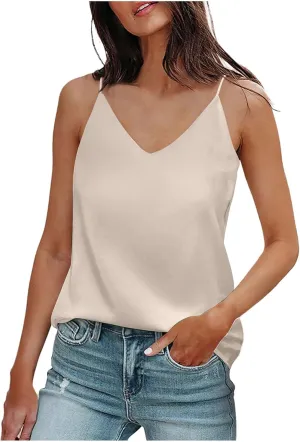 Summer V Neck Tank Tops For Women Silk Satin Summer Sleeveless Camisole Straps Top Baggy Top