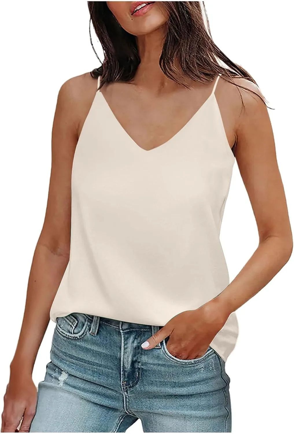 Summer V Neck Tank Tops For Women Silk Satin Summer Sleeveless Camisole Straps Top Baggy Top