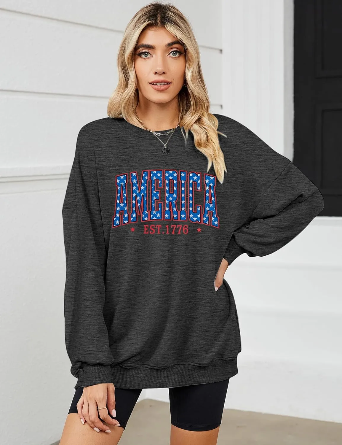SUPEYA American Sweatshirt Women USA Oversized Shirt Patriotic TShirt Casual Long Sleeve Pullover 4th of July Tee Tops