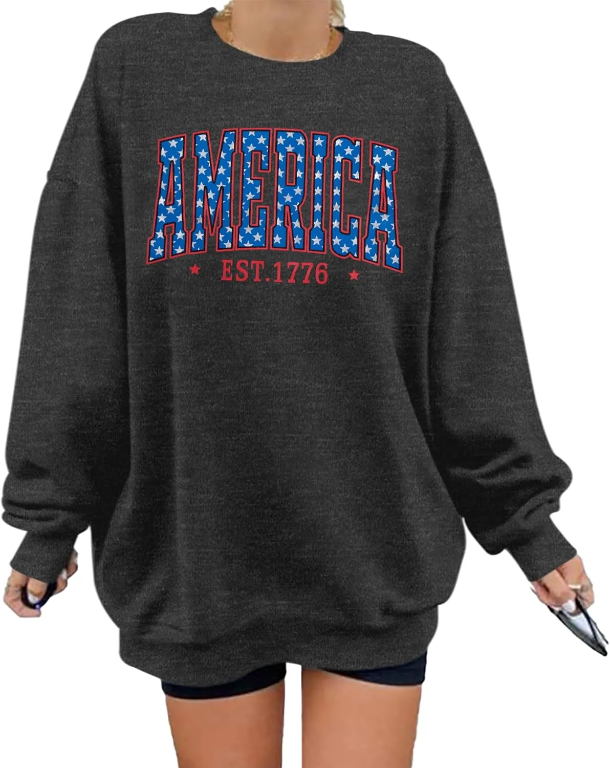 SUPEYA American Sweatshirt Women USA Oversized Shirt Patriotic TShirt Casual Long Sleeve Pullover 4th of July Tee Tops
