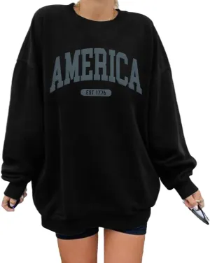 SUPEYA American Sweatshirt Women USA Oversized Shirt Patriotic TShirt Casual Long Sleeve Pullover 4th of July Tee Tops