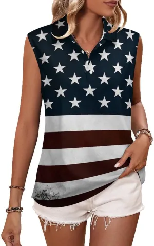 TAIZIYEAH Women's Sleeveless Top American Flag Loose PO-LO Tank Top Shirts Casual Pullover Blouse Shirts