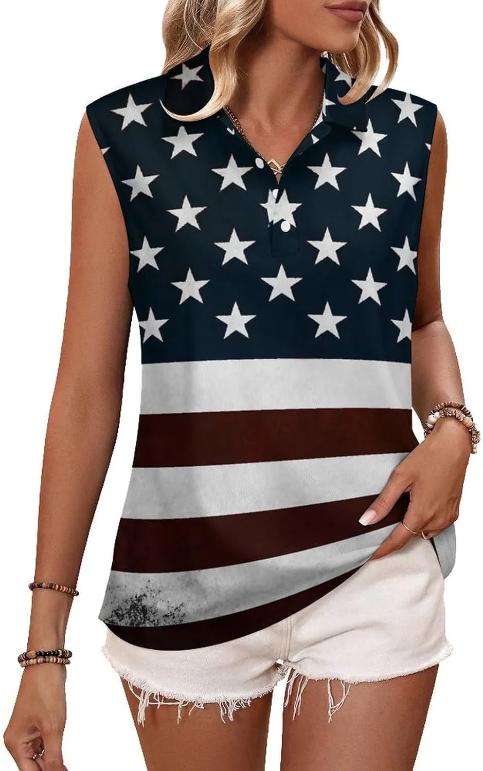 TAIZIYEAH Women's Sleeveless Top American Flag Loose PO-LO Tank Top Shirts Casual Pullover Blouse Shirts