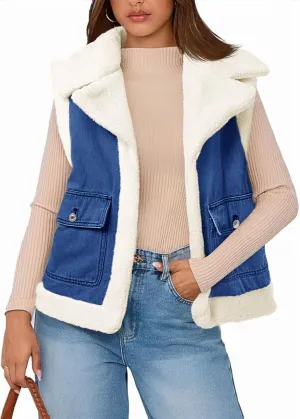 Tankaneo Womens Sherpa Denim Vest Oversized Fleece Lined Sleeveless Jean Jacket Winter Fuzzy Outerwear