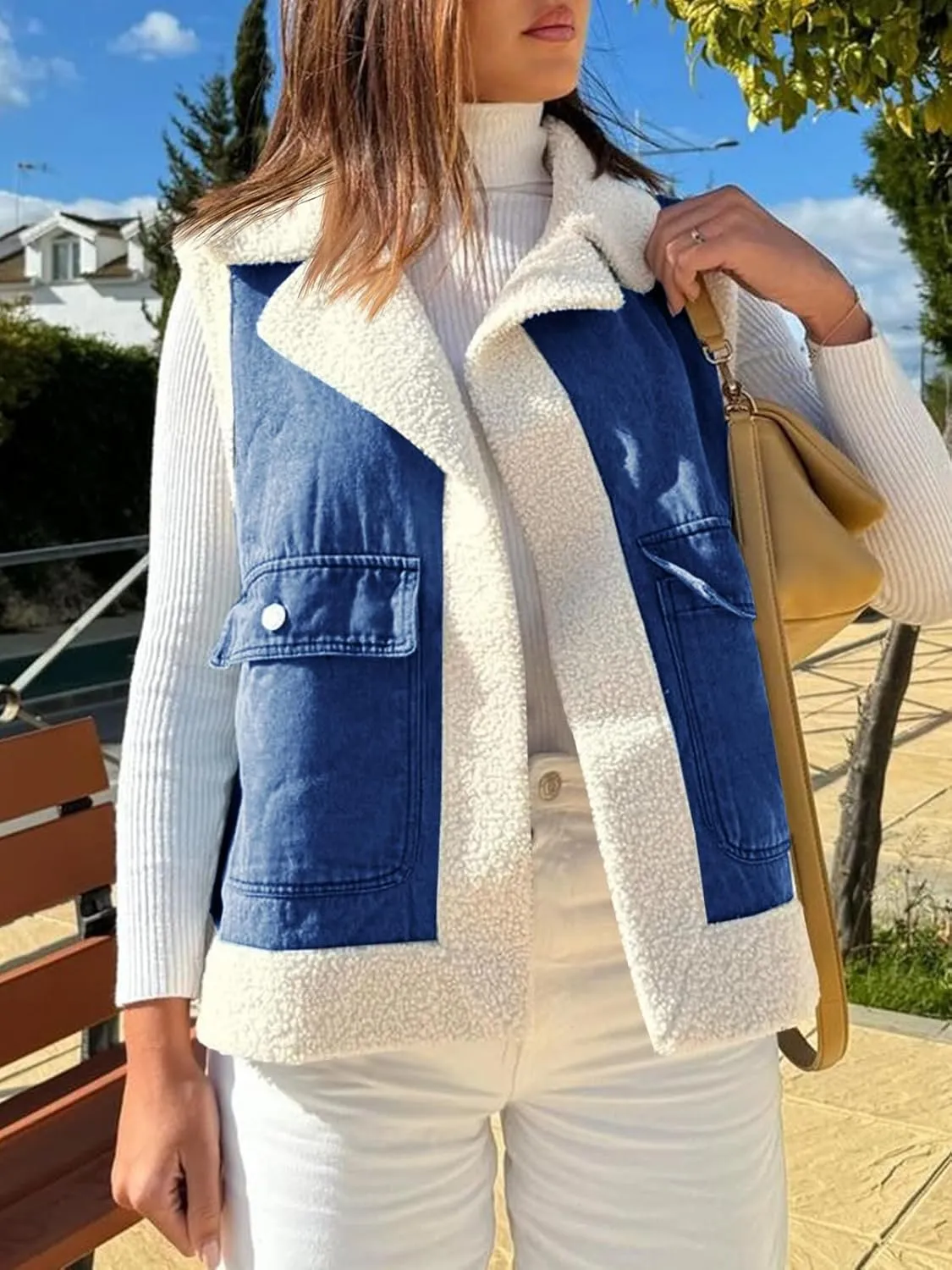 Tankaneo Womens Sherpa Denim Vest Oversized Fleece Lined Sleeveless Jean Jacket Winter Fuzzy Outerwear