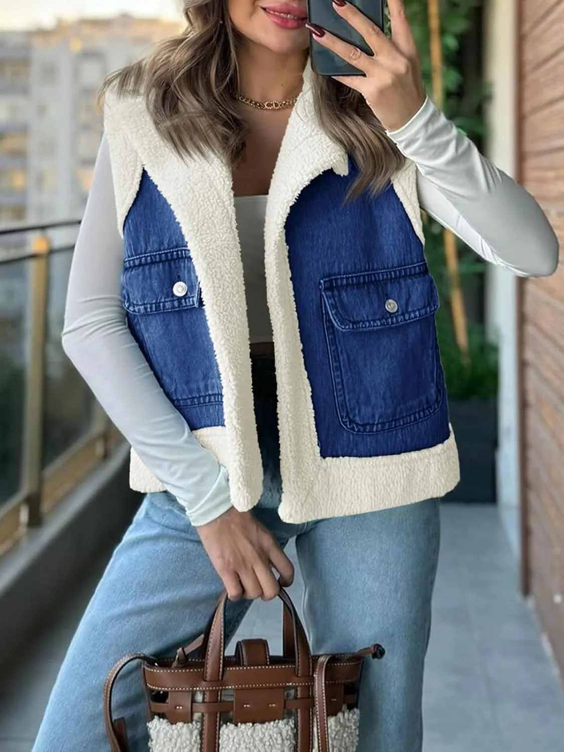 Tankaneo Womens Sherpa Denim Vest Oversized Fleece Lined Sleeveless Jean Jacket Winter Fuzzy Outerwear