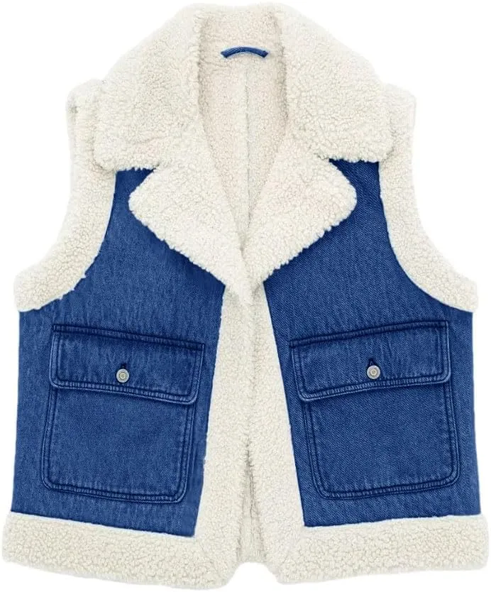 Tankaneo Womens Sherpa Denim Vest Oversized Fleece Lined Sleeveless Jean Jacket Winter Fuzzy Outerwear