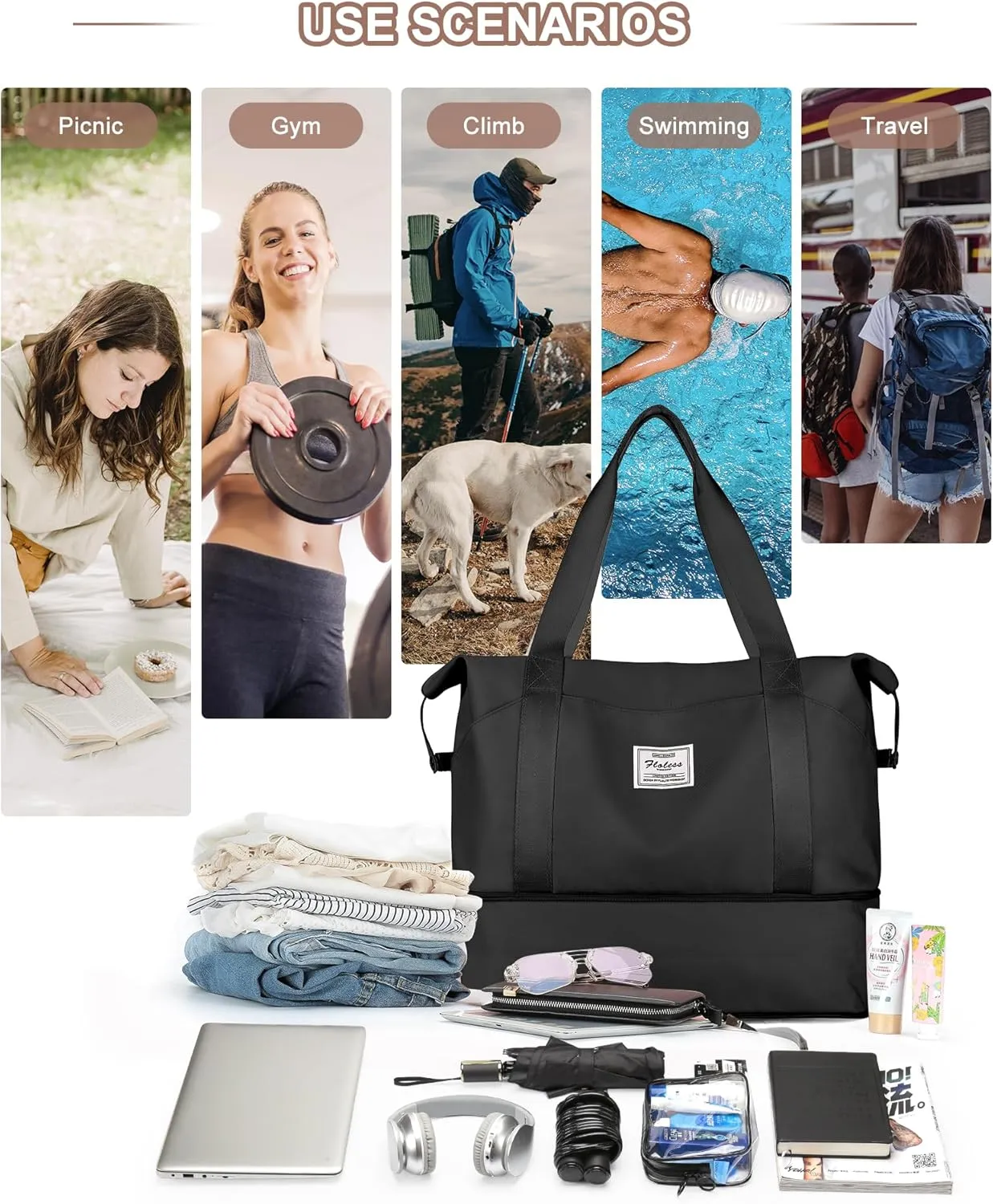 Travel Duffel Bags for Women, Shoulder Weekender Bag with Trolley Sleeve, Sport Gym Tote Bags for Men, 18x14x8 Foldie Travel Bag Expandable Carry On Overnight Bags for airplanesBlack