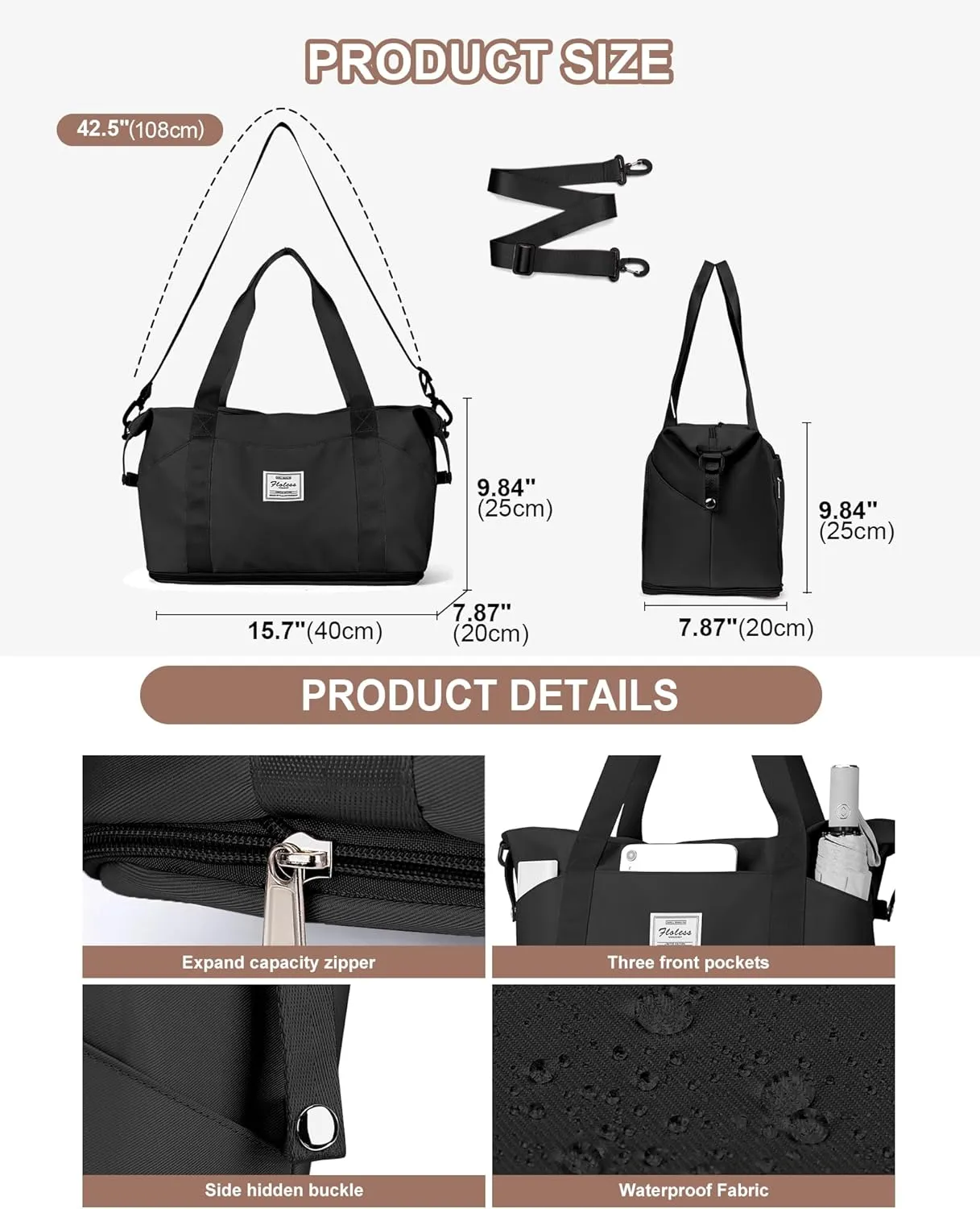 Travel Duffel Bags for Women, Shoulder Weekender Bag with Trolley Sleeve, Sport Gym Tote Bags for Men, 18x14x8 Foldie Travel Bag Expandable Carry On Overnight Bags for airplanesBlack