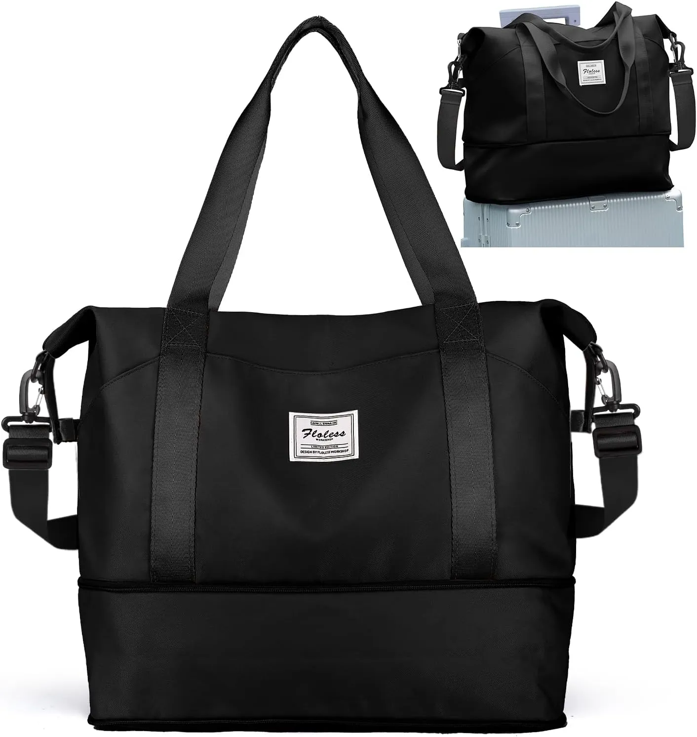 Travel Duffel Bags for Women, Shoulder Weekender Bag with Trolley Sleeve, Sport Gym Tote Bags for Men, 18x14x8 Foldie Travel Bag Expandable Carry On Overnight Bags for airplanesBlack