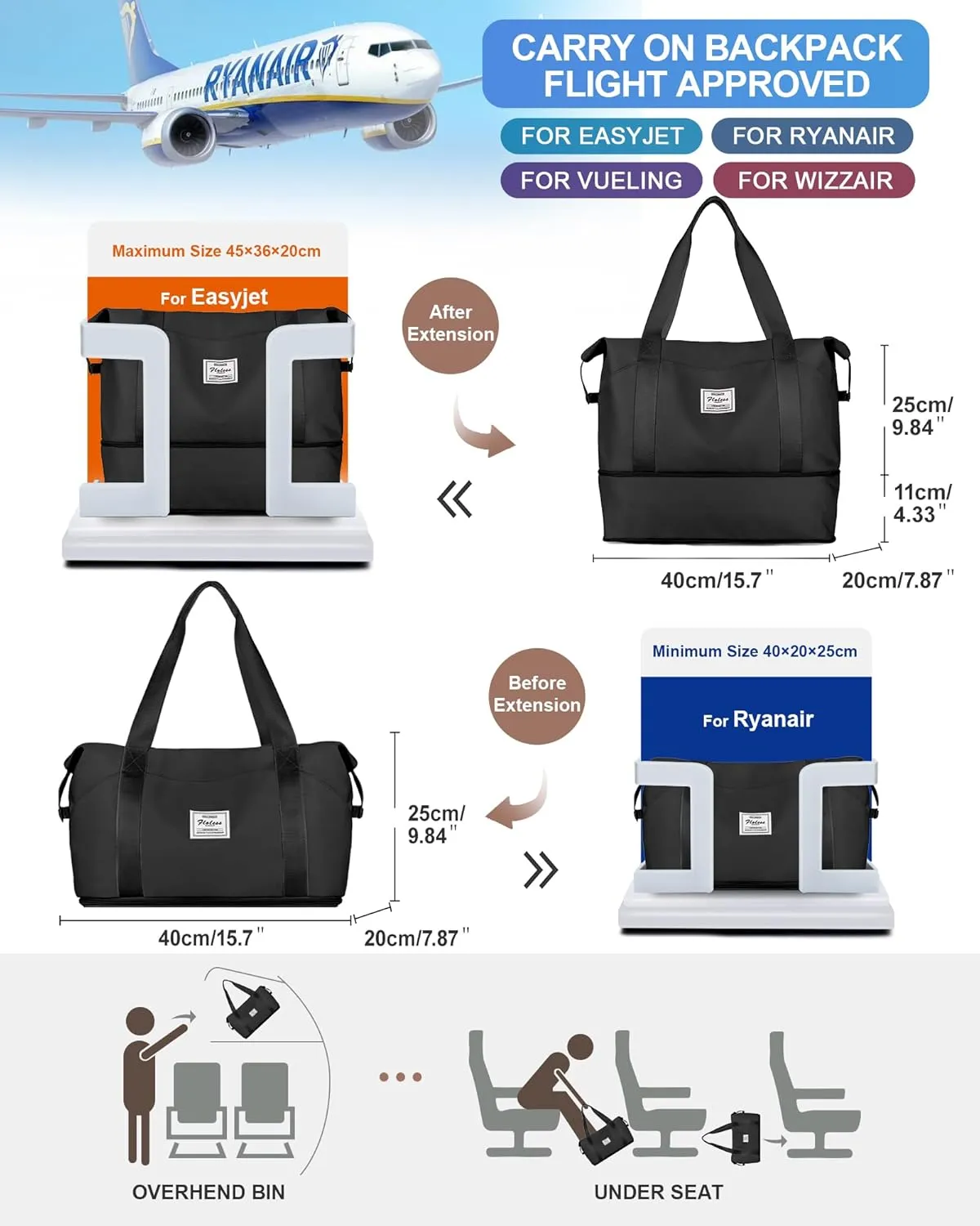 Travel Duffel Bags for Women, Shoulder Weekender Bag with Trolley Sleeve, Sport Gym Tote Bags for Men, 18x14x8 Foldie Travel Bag Expandable Carry On Overnight Bags for airplanesBlack