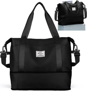 Travel Duffel Bags for Women, Shoulder Weekender Bag with Trolley Sleeve, Sport Gym Tote Bags for Men, 18x14x8 Foldie Travel Bag Expandable Carry On Overnight Bags for airplanesBlack