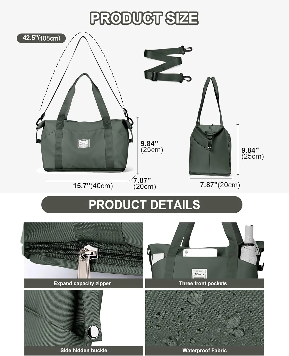 Travel Duffel Bags for Women, Shoulder Weekender Bag with Trolley Sleeve, Sport Gym Tote Bags for Men, 18x14x8 Foldie Travel Bag Expandable Carry On Overnight Bags for airplanesGreen