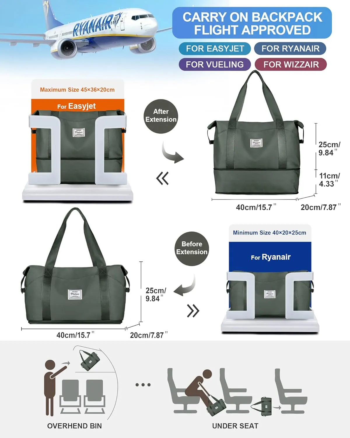 Travel Duffel Bags for Women, Shoulder Weekender Bag with Trolley Sleeve, Sport Gym Tote Bags for Men, 18x14x8 Foldie Travel Bag Expandable Carry On Overnight Bags for airplanesGreen