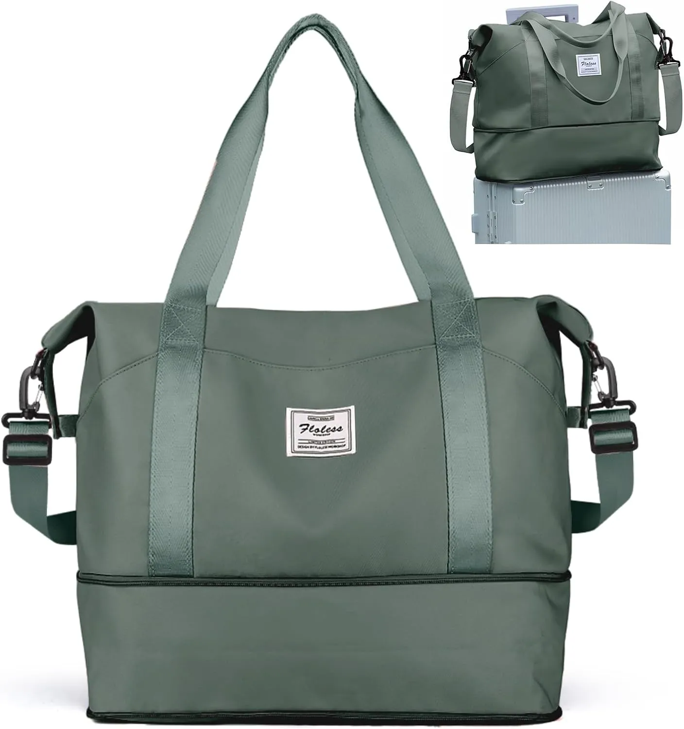 Travel Duffel Bags for Women, Shoulder Weekender Bag with Trolley Sleeve, Sport Gym Tote Bags for Men, 18x14x8 Foldie Travel Bag Expandable Carry On Overnight Bags for airplanesGreen