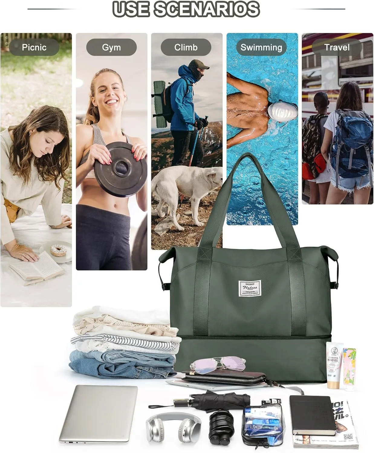 Travel Duffel Bags for Women, Shoulder Weekender Bag with Trolley Sleeve, Sport Gym Tote Bags for Men, 18x14x8 Foldie Travel Bag Expandable Carry On Overnight Bags for airplanesGreen