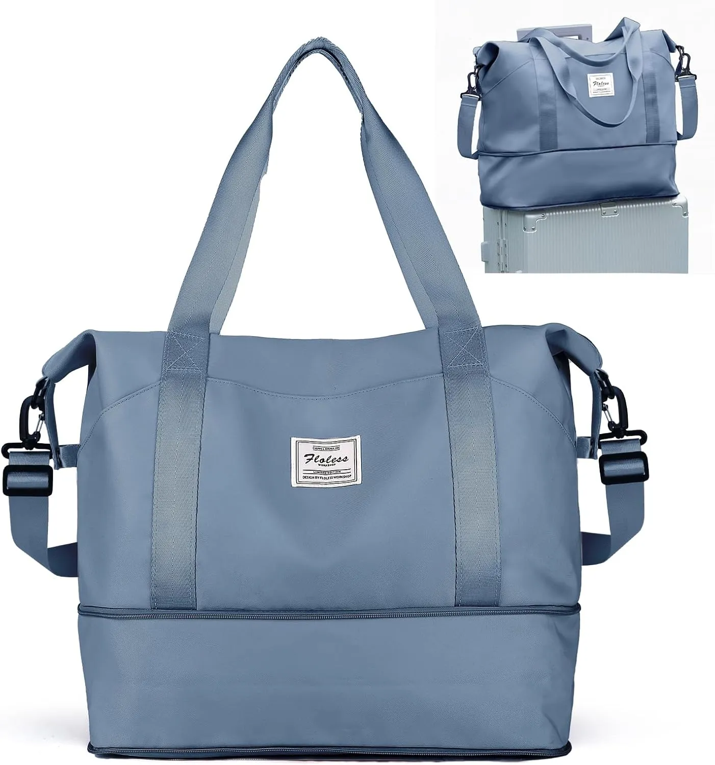 Travel Duffel Bags for Women, Shoulder Weekender Bag with Trolley Sleeve, Sport Gym Tote Bags for Men, 18x14x8 Foldie Travel Bag Expandable Carry On Overnight Bags for airplanesJewelBlue