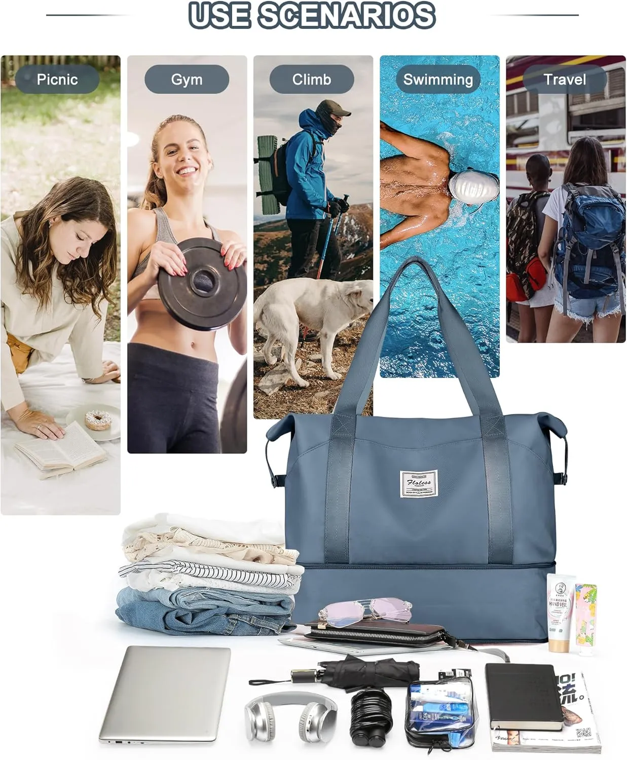 Travel Duffel Bags for Women, Shoulder Weekender Bag with Trolley Sleeve, Sport Gym Tote Bags for Men, 18x14x8 Foldie Travel Bag Expandable Carry On Overnight Bags for airplanesJewelBlue