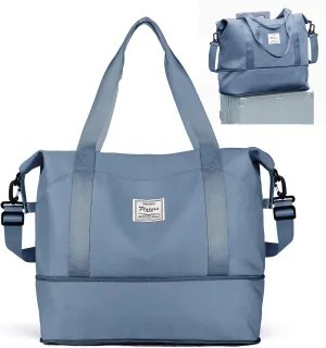 Travel Duffel Bags for Women, Shoulder Weekender Bag with Trolley Sleeve, Sport Gym Tote Bags for Men, 18x14x8 Foldie Travel Bag Expandable Carry On Overnight Bags for airplanesJewelBlue