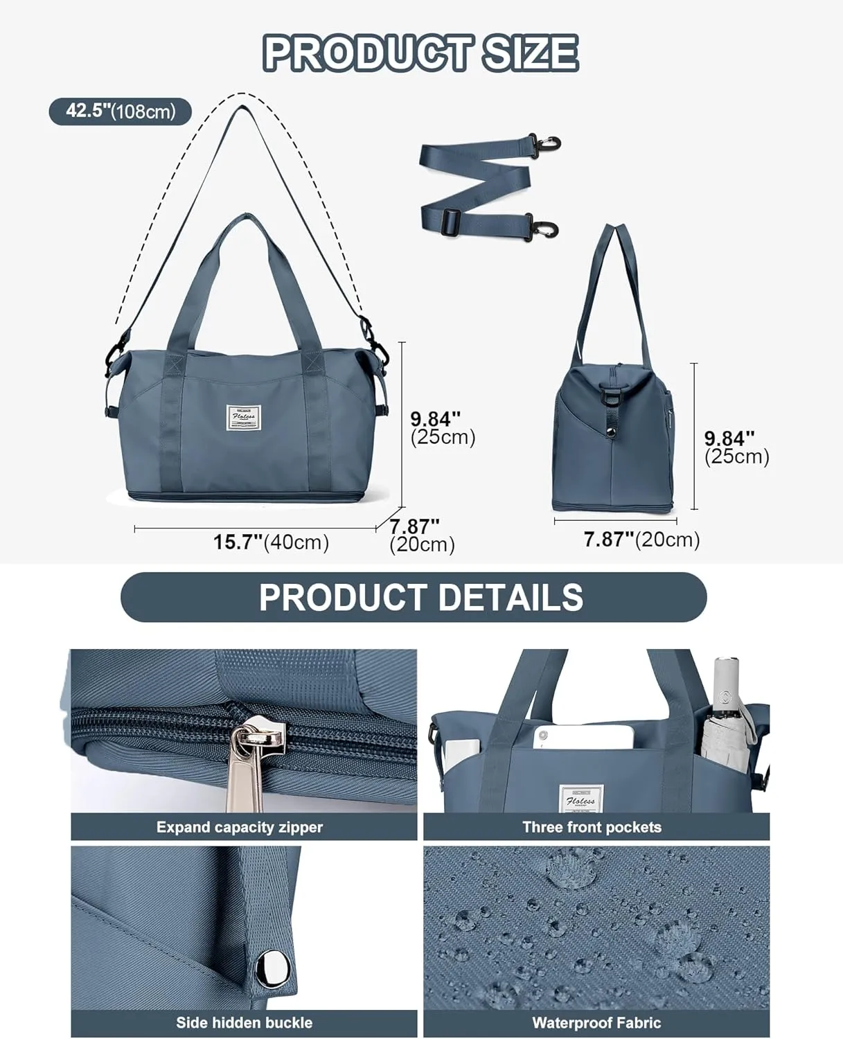 Travel Duffel Bags for Women, Shoulder Weekender Bag with Trolley Sleeve, Sport Gym Tote Bags for Men, 18x14x8 Foldie Travel Bag Expandable Carry On Overnight Bags for airplanesJewelBlue