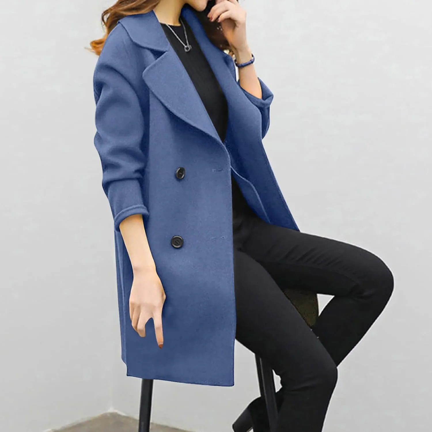 Trench Coat for Women 2024 Fall Winter Wool Coats Double Breasted Notch Lapel Casual Pea Coat Overcoats