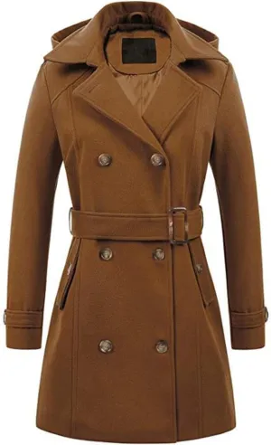 Trench Coat for Women Classic Lapel Collar Double Breasted Pea Coats Mid Length Winter Warm Wool Coats with Hood
