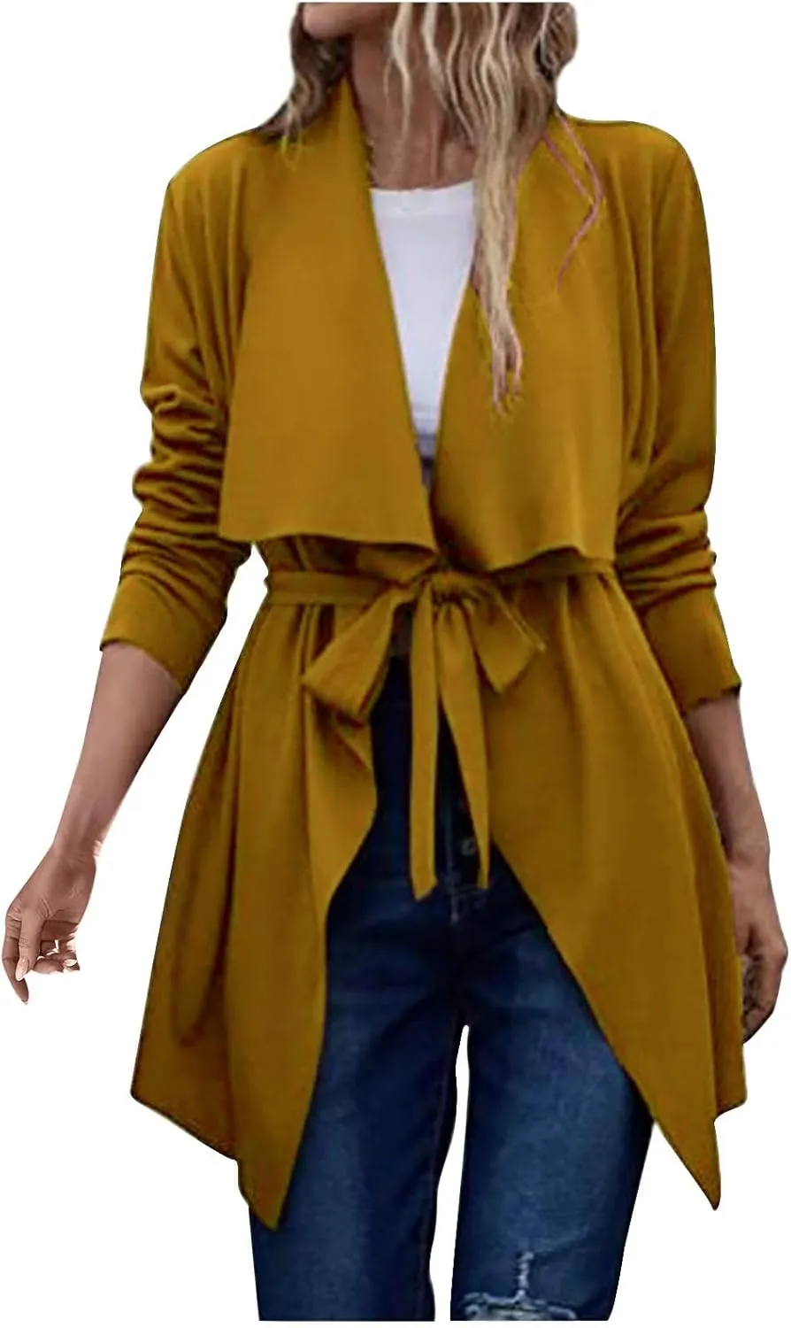 Trench Coat for Women Lightweight V Neck Fall Outfit Long Sleeve Belted Casual Pea Coat Office Work Jackets