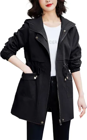 Trench Coat With Hood Women with Pockets Mid Length Windbreaker Casual Plus Size Drawstring Waist Zip Outdoor Jackets