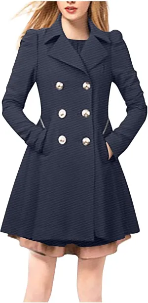 Trench Coats for Women 2024 Notched Lapel Collar Doubel-Breasted Dress Coats Fall Winter Wool Blend Pea Coat Jackets