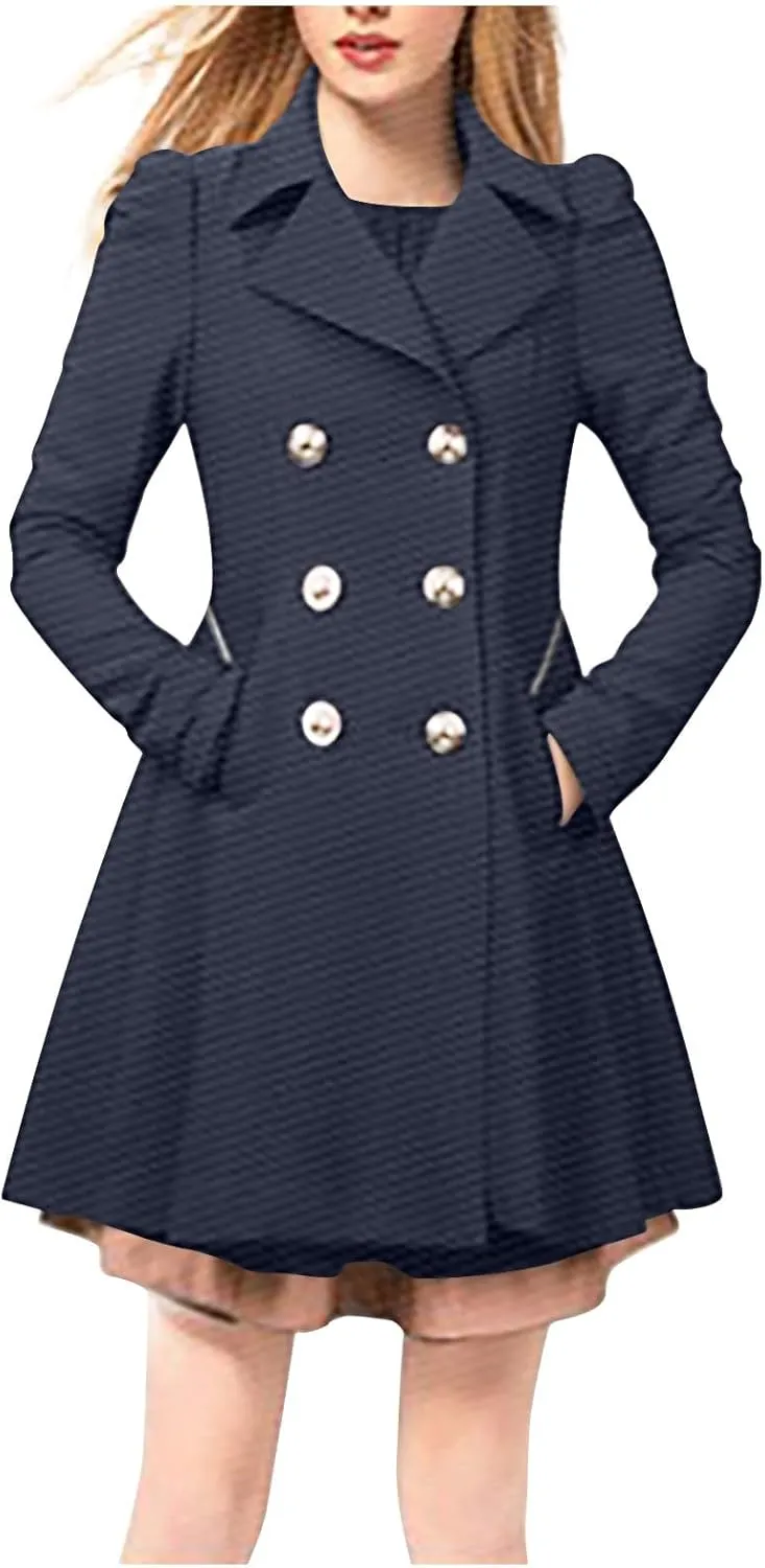 Trench Coats for Women 2024 Notched Lapel Collar Doubel-Breasted Dress Coats Fall Winter Wool Blend Pea Coat Jackets