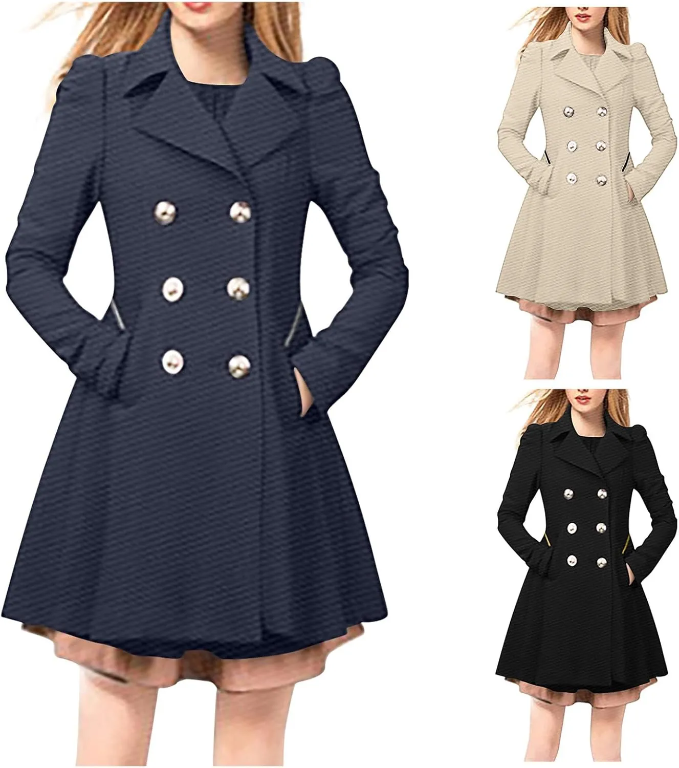 Trench Coats for Women 2024 Notched Lapel Collar Doubel-Breasted Dress Coats Fall Winter Wool Blend Pea Coat Jackets