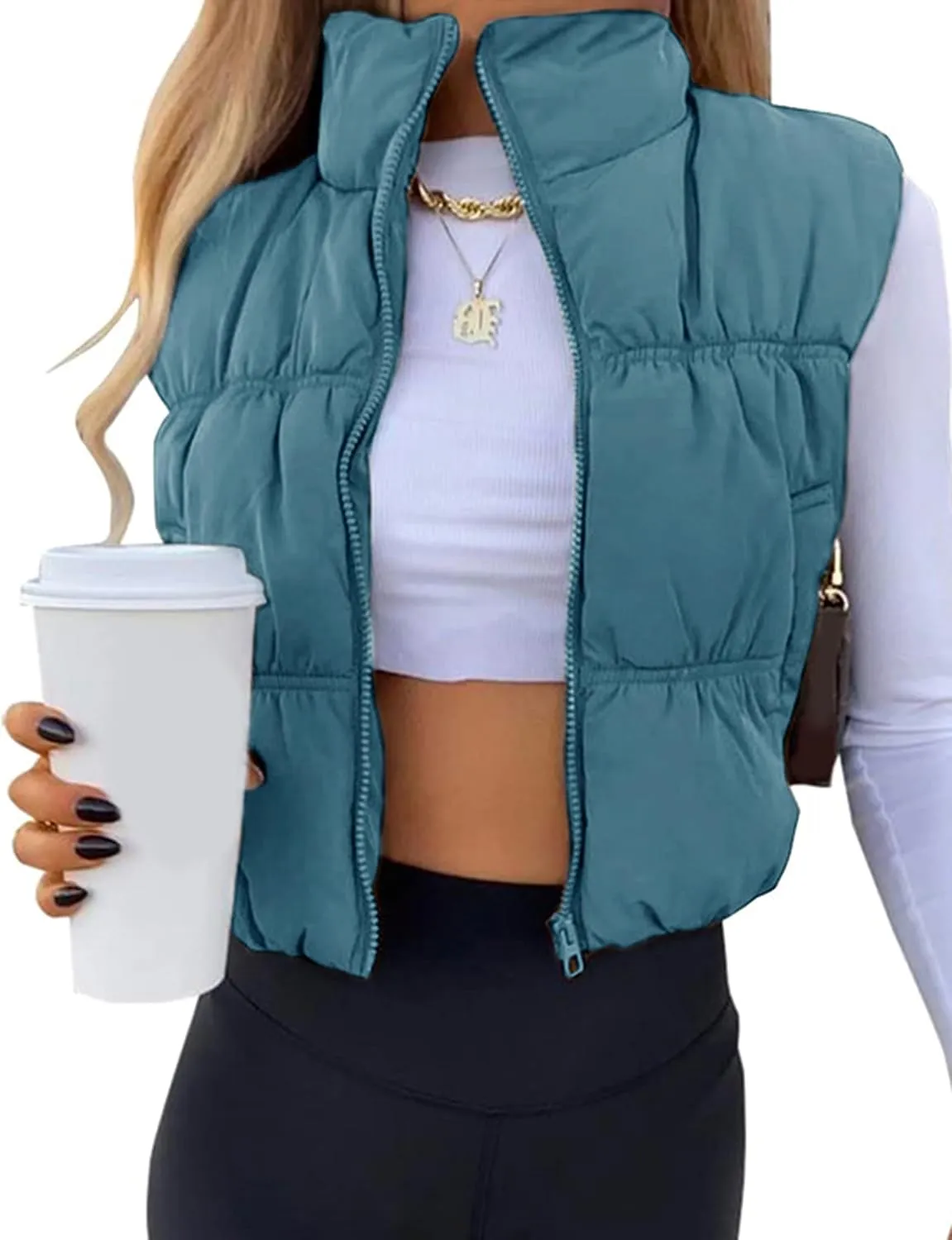 UANEO Womens Cropped Puffer Vest Zip Up Stand Collar Sleeveless Padded Cropped Vest