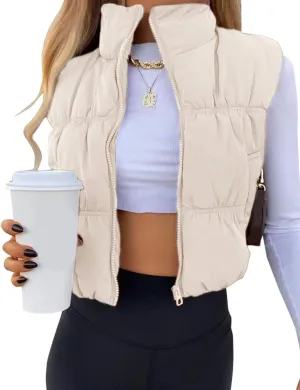 UANEO Womens Cropped Puffer Vest Zip Up Stand Collar Sleeveless Padded Cropped Vest