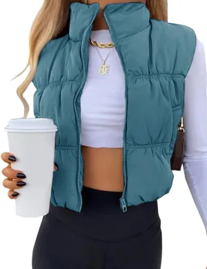 UANEO Womens Cropped Puffer Vest Zip Up Stand Collar Sleeveless Padded Cropped Vest
