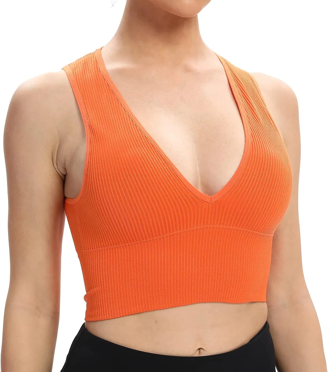 Venbond Women's Sexy Sleeveless Seamless Crop Top Deep Plunge V Neck Ribbed Tank Top with Removable Pads