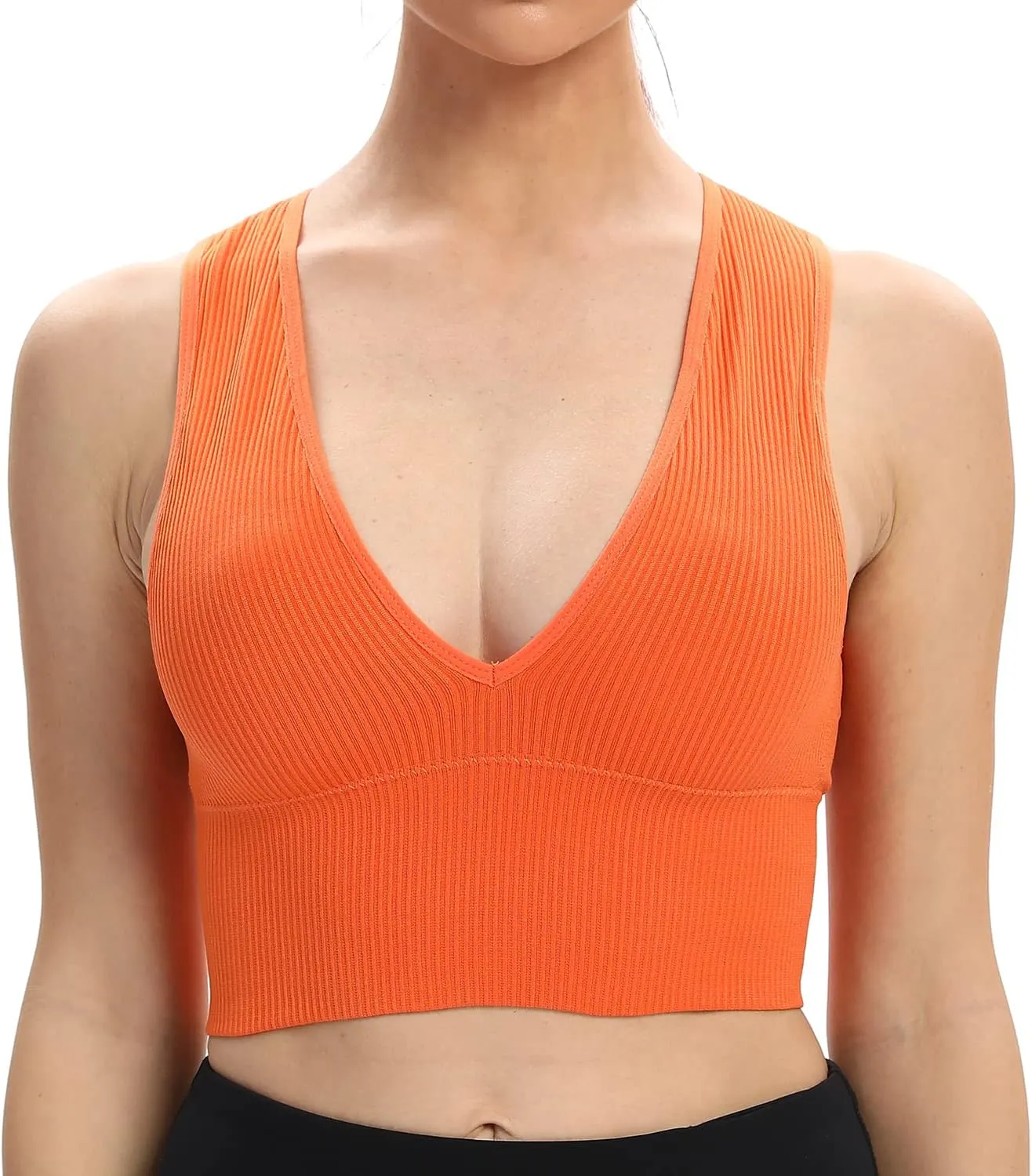 Venbond Women's Sexy Sleeveless Seamless Crop Top Deep Plunge V Neck Ribbed Tank Top with Removable Pads